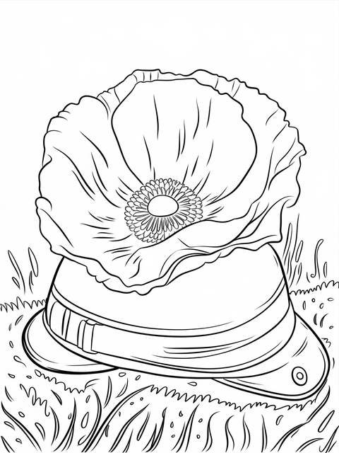 Veterans day coloring page: a large poppy flower atop a military hat