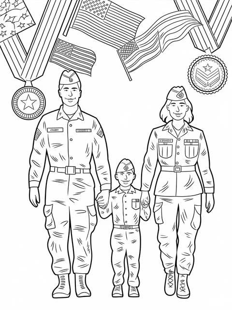 Veterans day coloring page: military family holding hands, flags, and medals