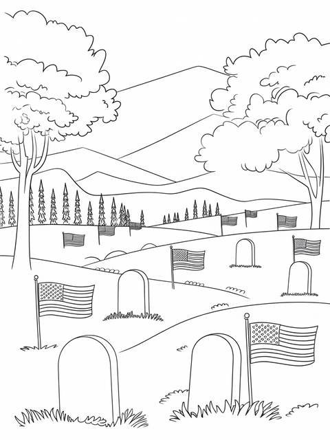 Veterans day landscape featuring american flags waving near tombstones, peaceful scene