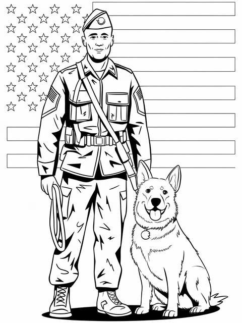A proud military veteran stands with a dog, in front of an american flag