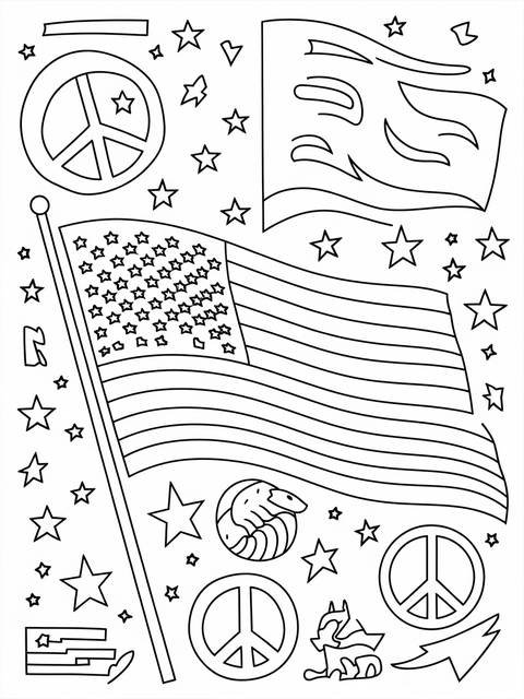 Veterans day coloring page featuring an american flag, stars, and peace symbols
