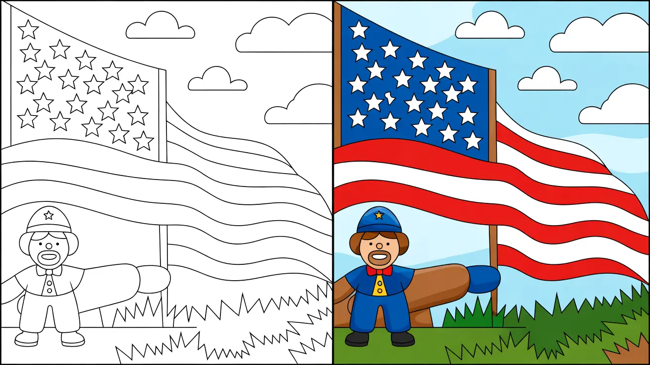 Veterans day coloring page featuring a flag and a cartoon veteran character