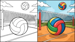 Volleyball coloring page with a net and two volleyballs, one colored