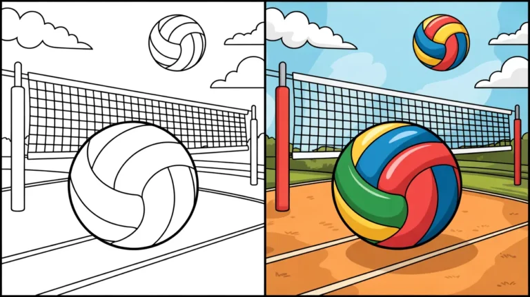 Volleyball coloring page with a net and two volleyballs, one colored