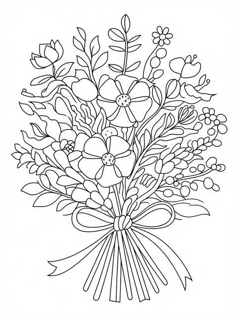 Line art of a wedding bouquet of flowers, ready for coloring