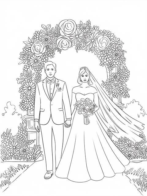 Line art of a bride and groom holding hands at a wedding ceremony