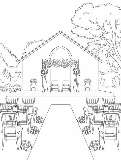 Line drawing of a wedding venue, church or outdoor setting, ready for a ceremony