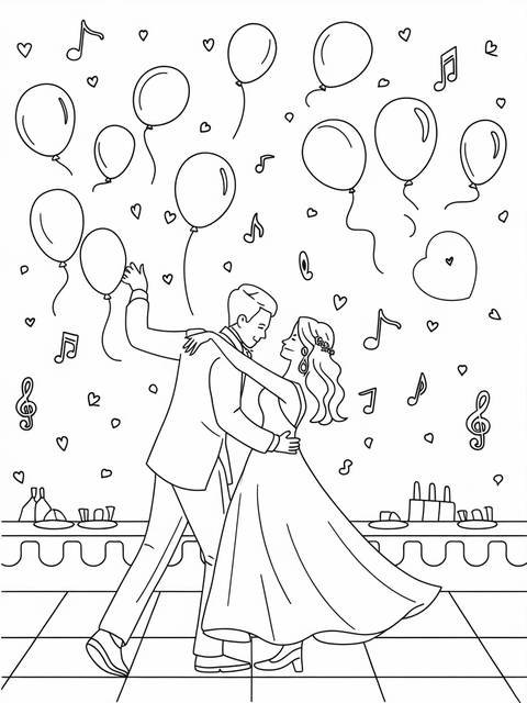 Wedding coloring page: a couple dancing at their wedding, surrounded by balloons