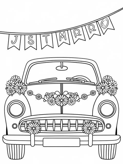 Line art of a vintage wedding car decorated with flowers and a banner