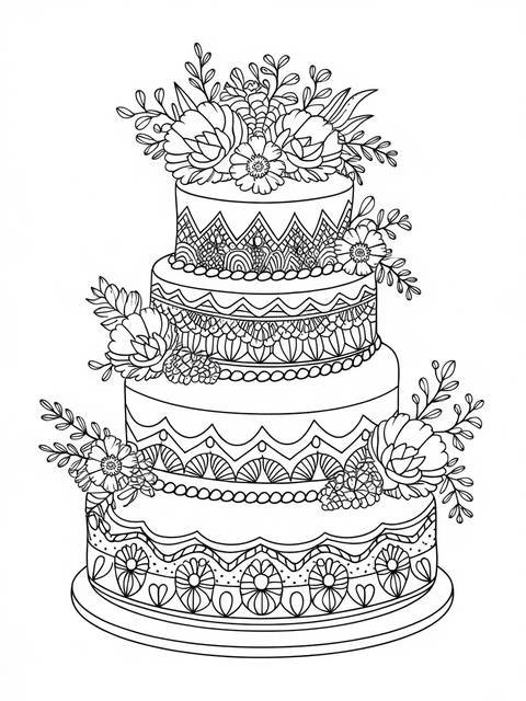Line art of a tiered wedding cake decorated with flowers and intricate patterns