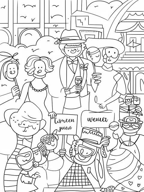 Line art of a wedding photo booth with people and props, ready to be colored