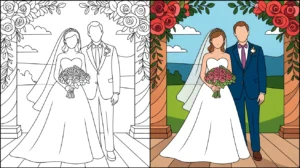 Wedding coloring page: bride and groom standing together, ready for their wedding day