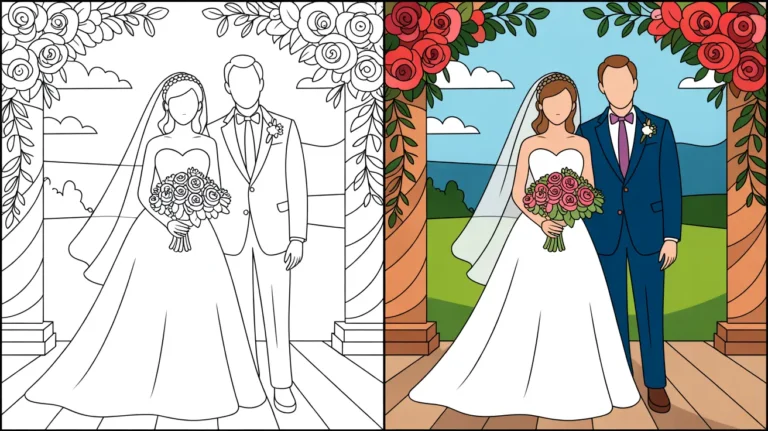 Wedding coloring page: bride and groom standing together, ready for their wedding day