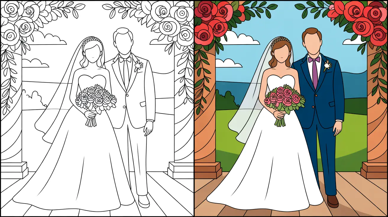 Wedding coloring page: bride and groom standing together, ready for their wedding day