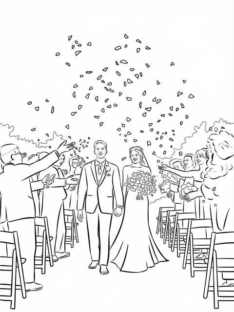 Line drawing of a wedding ceremony; guests throwing rice or flower petals