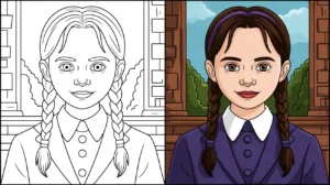 Wednesday addams coloring page, featuring a portrait of the character with braids