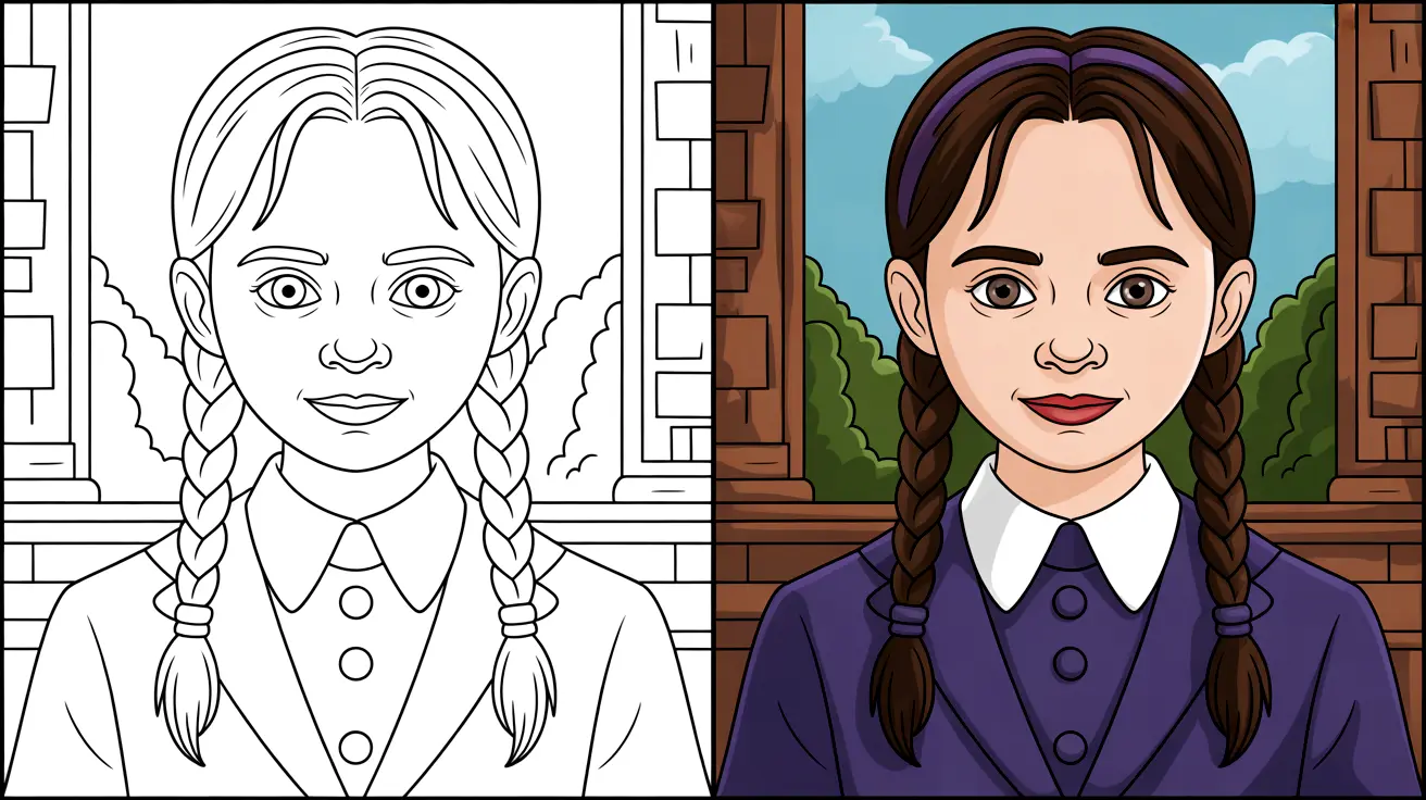 Wednesday addams coloring page, featuring a portrait of the character with braids