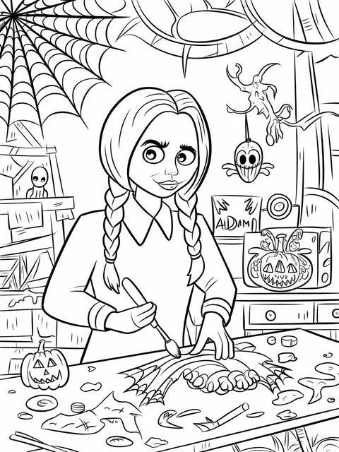 Wednesday addams coloring page, crafting with a brush and halloween decorations