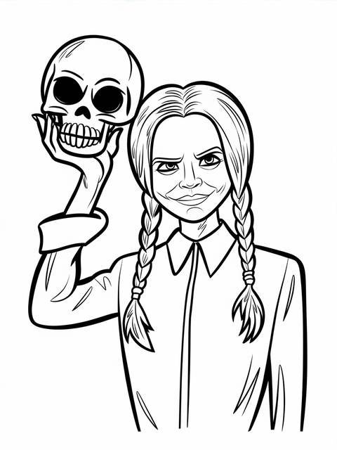 Wednesday addams holding a skull, a coloring page cover illustration