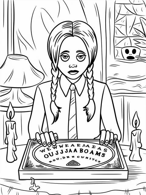 Wednesday addams playing with a ouija board, surrounded by candles and a spooky scene
