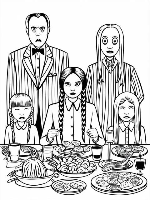 Wednesday addams and family seated at a table, ready to eat a meal
