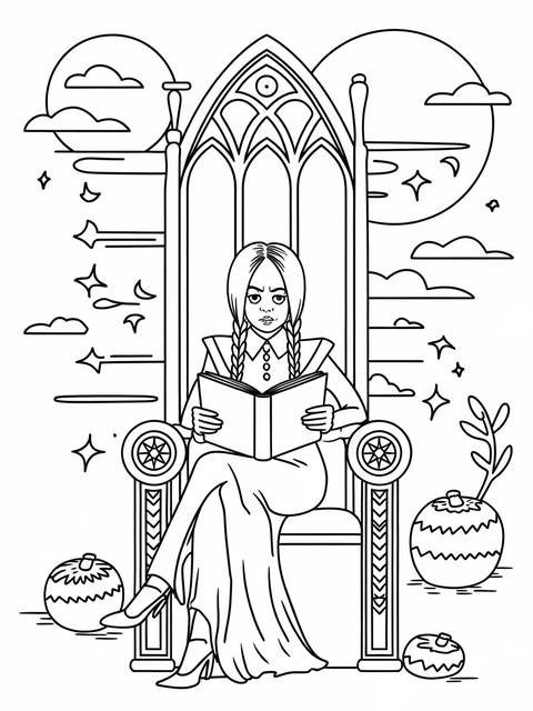 Wednesday addams reading a book while seated on a throne-like chair, cover art