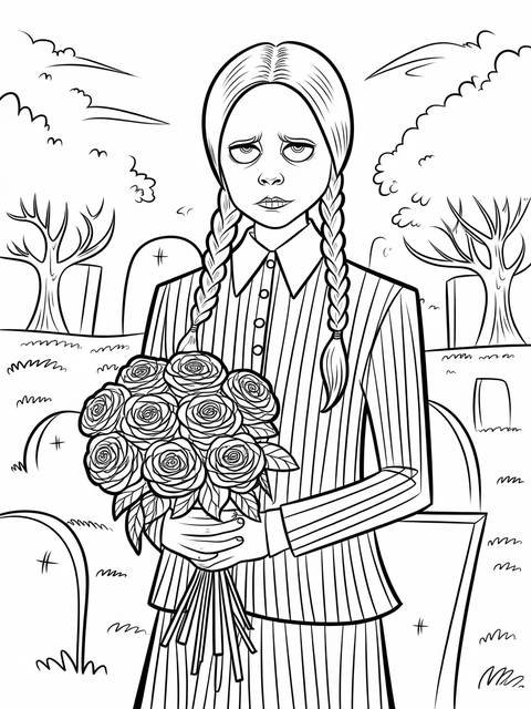 Wednesday addams holding flowers in a cemetery, a coloring page illustration