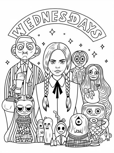 Wednesday addams surrounded by animated characters in a coloring page illustration