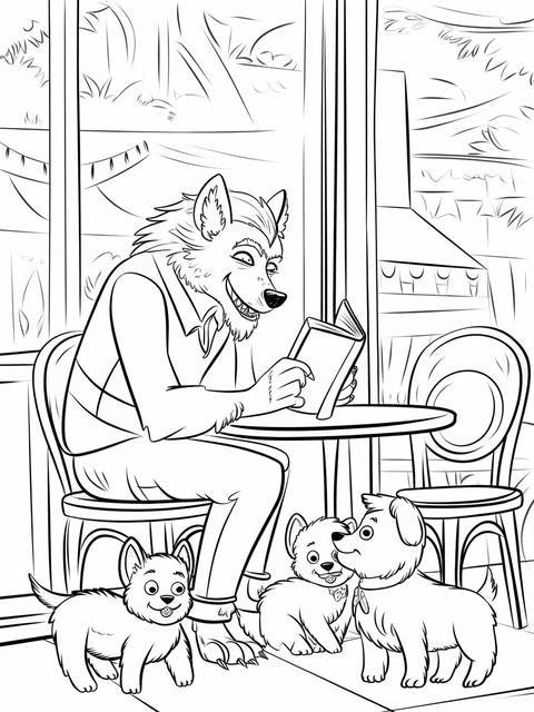 A friendly werewolf reads a book, surrounded by three small dogs in a cafe