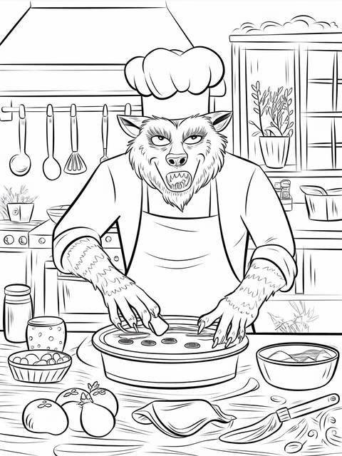 Werewolf chef baking in a kitchen, preparing food with a chef's hat