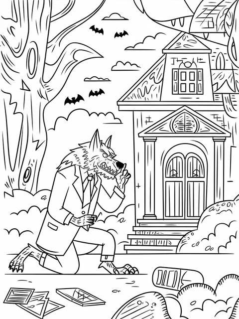 A werewolf detective kneels outside a house, investigating a case, with bats