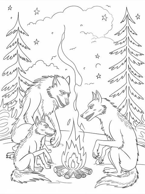 A werewolf family gathering around a campfire in a forest setting, outlined