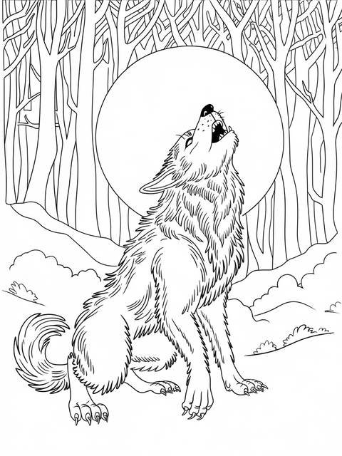 A werewolf howling at the moon in a forest, a coloring page illustration
