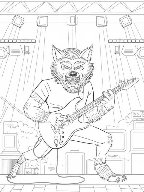 A werewolf playing an electric guitar on stage, ready to perform