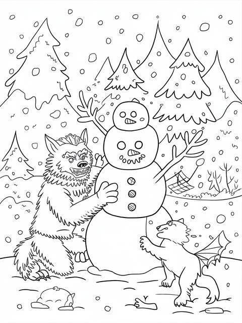 Coloring page: a werewolf and a smaller creature playing with a snowman in snow