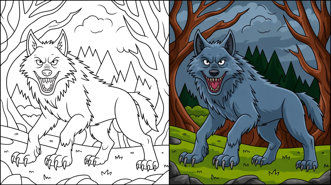 Werewolf coloring page: a two-panel image of a snarling werewolf in a forest