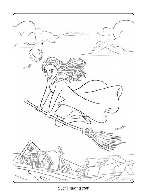 Line art of a woman flying on a broom, with clouds and buildings