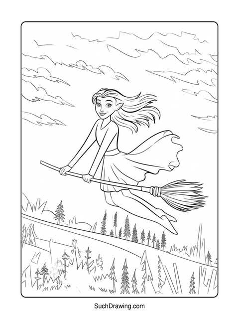 A coloring page of a fairy flying on a broom over a landscape