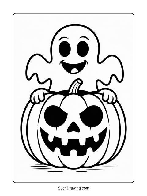 A cartoon ghost holding a carved pumpkin, ready for halloween