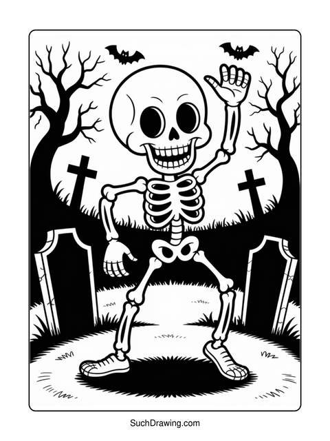 A black and white illustration of a skeleton in a halloween scene