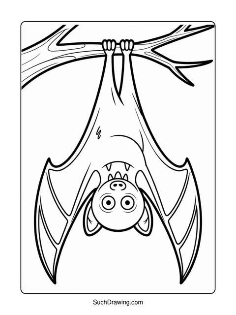 Line art of a bat hanging upside down from a tree branch
