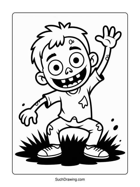 Black and white cartoon of a smiling boy with one arm raised