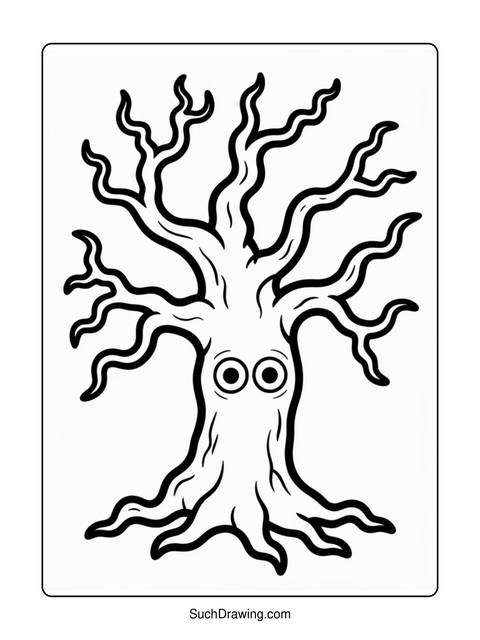 Black and white coloring page of a tree with eyes and many branches