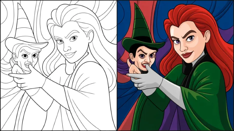 Wicked coloring page featuring two witches, one pointing at the other