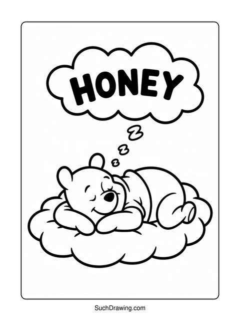 Winnie the pooh sleeping on a cloud, with a thought bubble saying 'honey'
