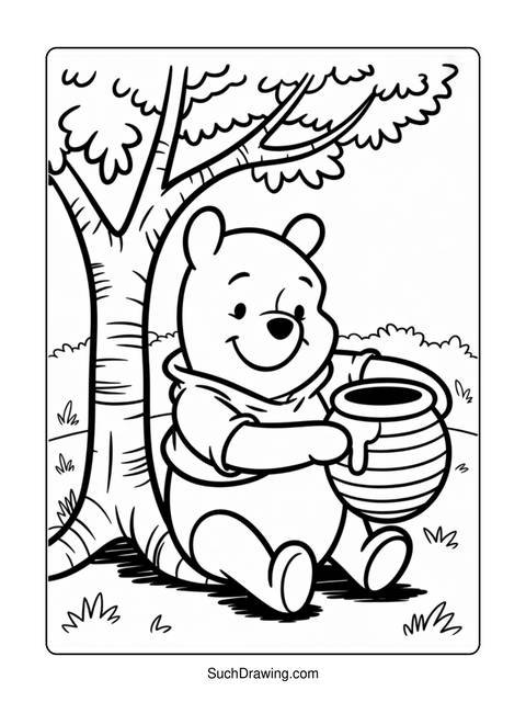 Winnie the pooh sitting under a tree, holding a honey pot