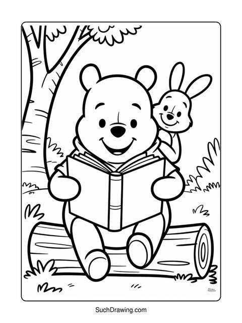 Winnie the pooh reading a book with rabbit, sitting on a log