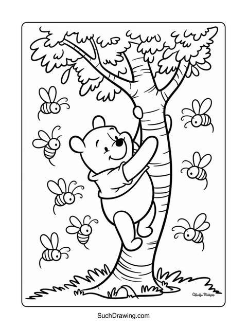 Winnie the pooh climbing a tree with bees flying around him