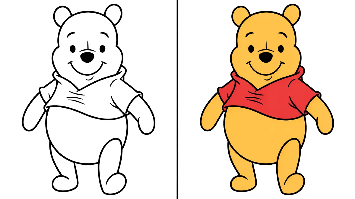 Winnie the pooh coloring page, featuring the bear in outline and colored versions