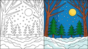 Winter coloring page featuring trees, snow, and a full moon in a snowy forest scene